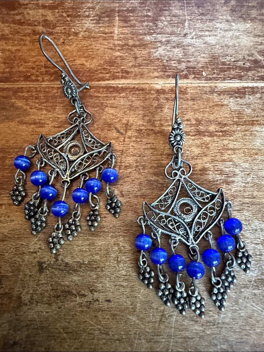 Vintage Sterling Silver Blue Bead Filigree Dangle Earrings